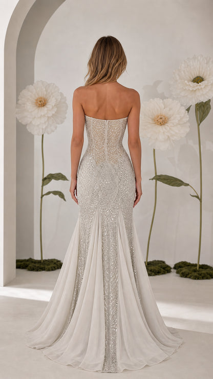 Back view of strapless silver sequin evening gown showing train detail