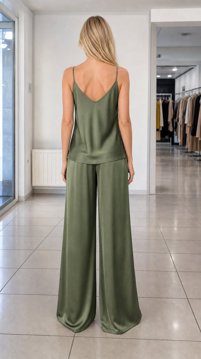 Back view of Olive Green satin loungewear set showing V-back and flowing trousers