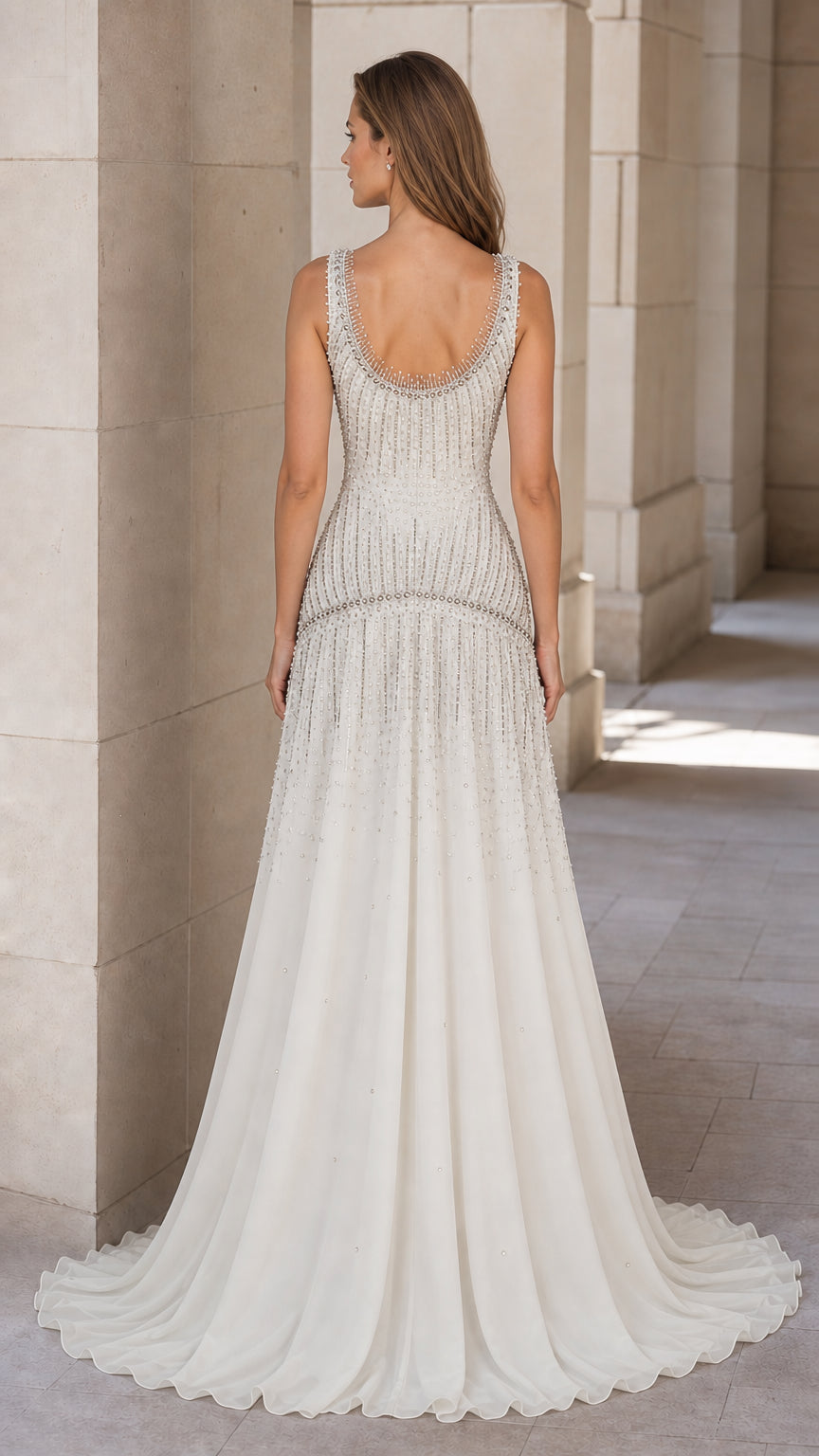 Back view of white beaded evening gown