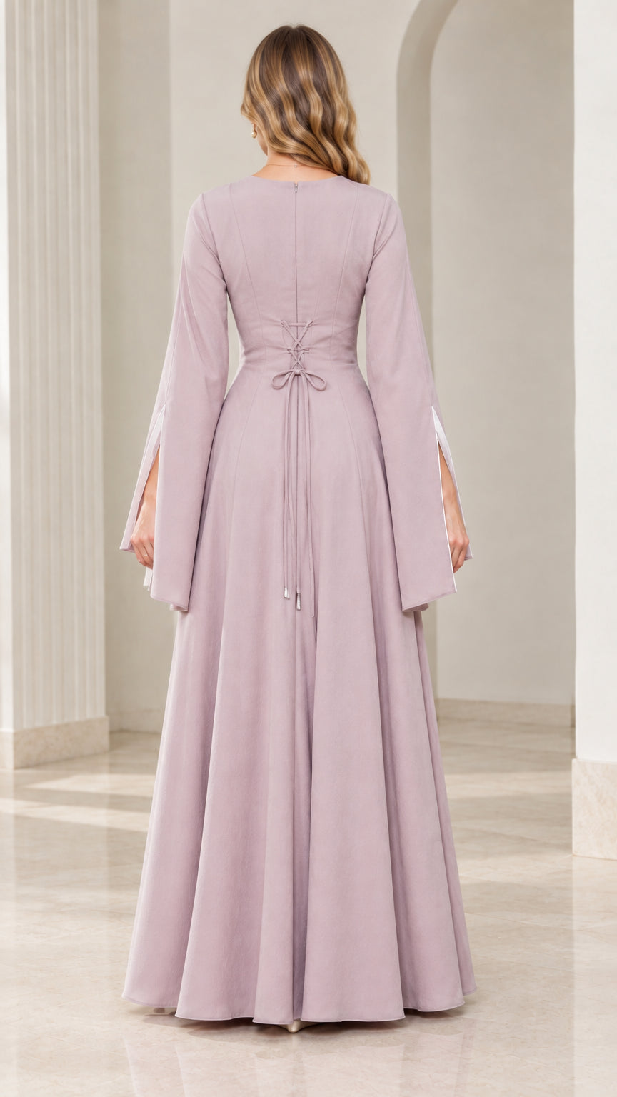 Back view of dusty lilac formal gown showing lace-up corset tie detail at waist