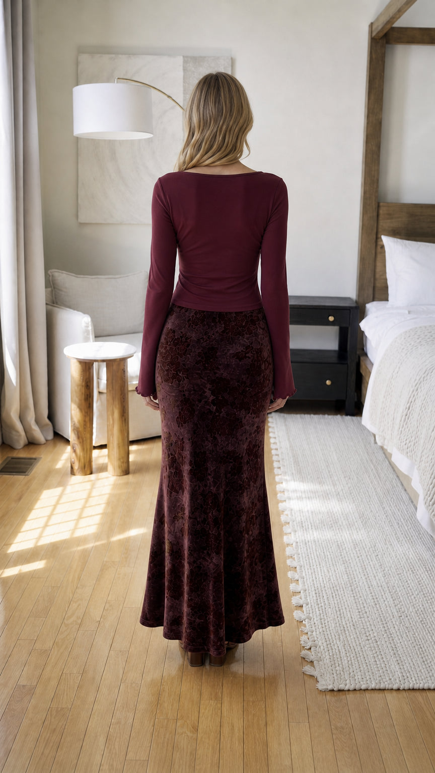 Back view of burgundy two-piece set