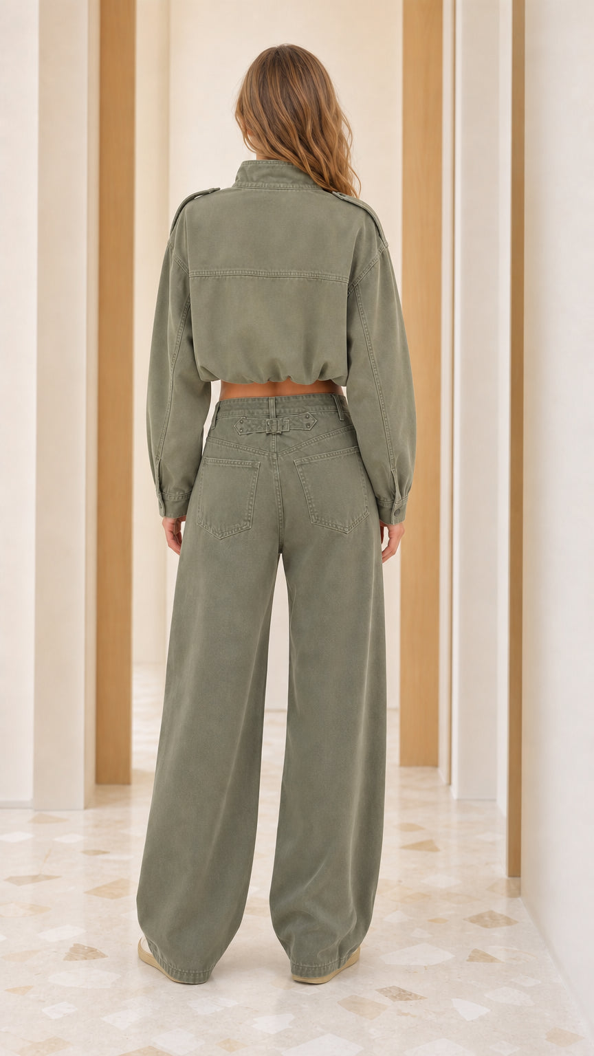 Back view of model wearing Sage Green matching cargo-style two-piece set