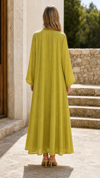 Back view of chartreuse long jacket and dress