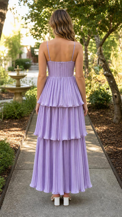 Back view of model wearing lavender pleated maxi dress