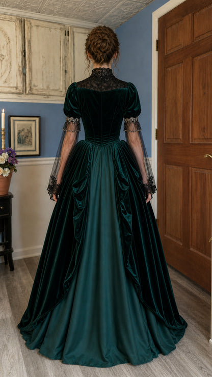 Victorian Gothic velvet ball gown in forest green, back view