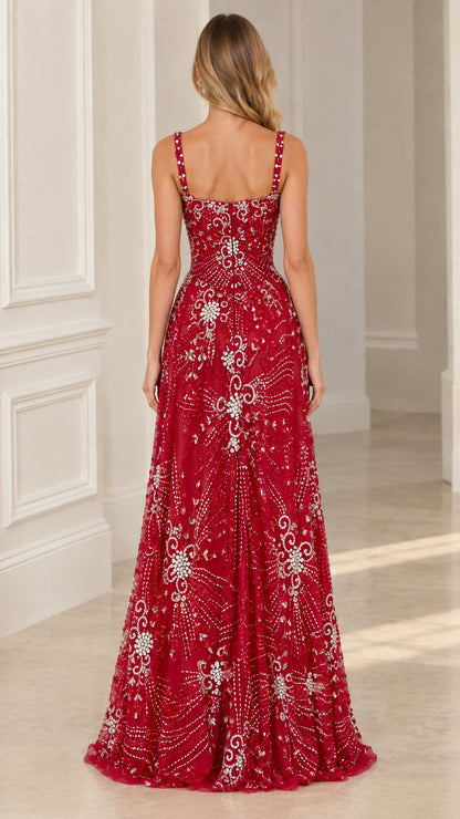 Back full-length view of Ruby Red sparkling embellished evening gown