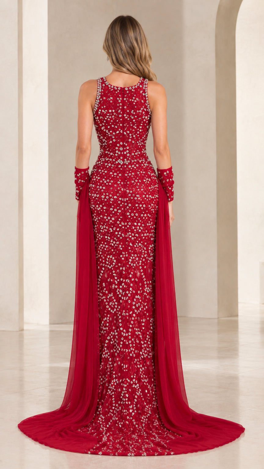 Red sparkling formal mermaid dress back view showing sweep train
