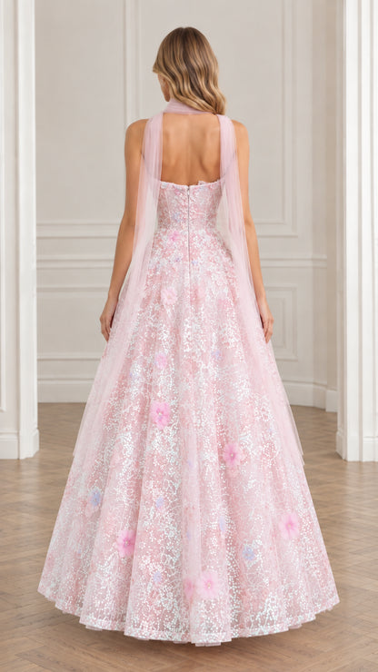 Back full-length view of model showcasing Blush Pink A-line sequin evening gown with draped neck scarf