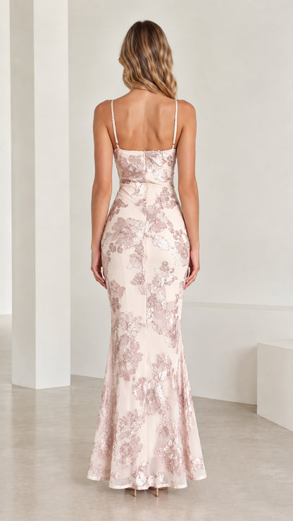 Model wearing Blush Pink floral embroidered corset gown back view