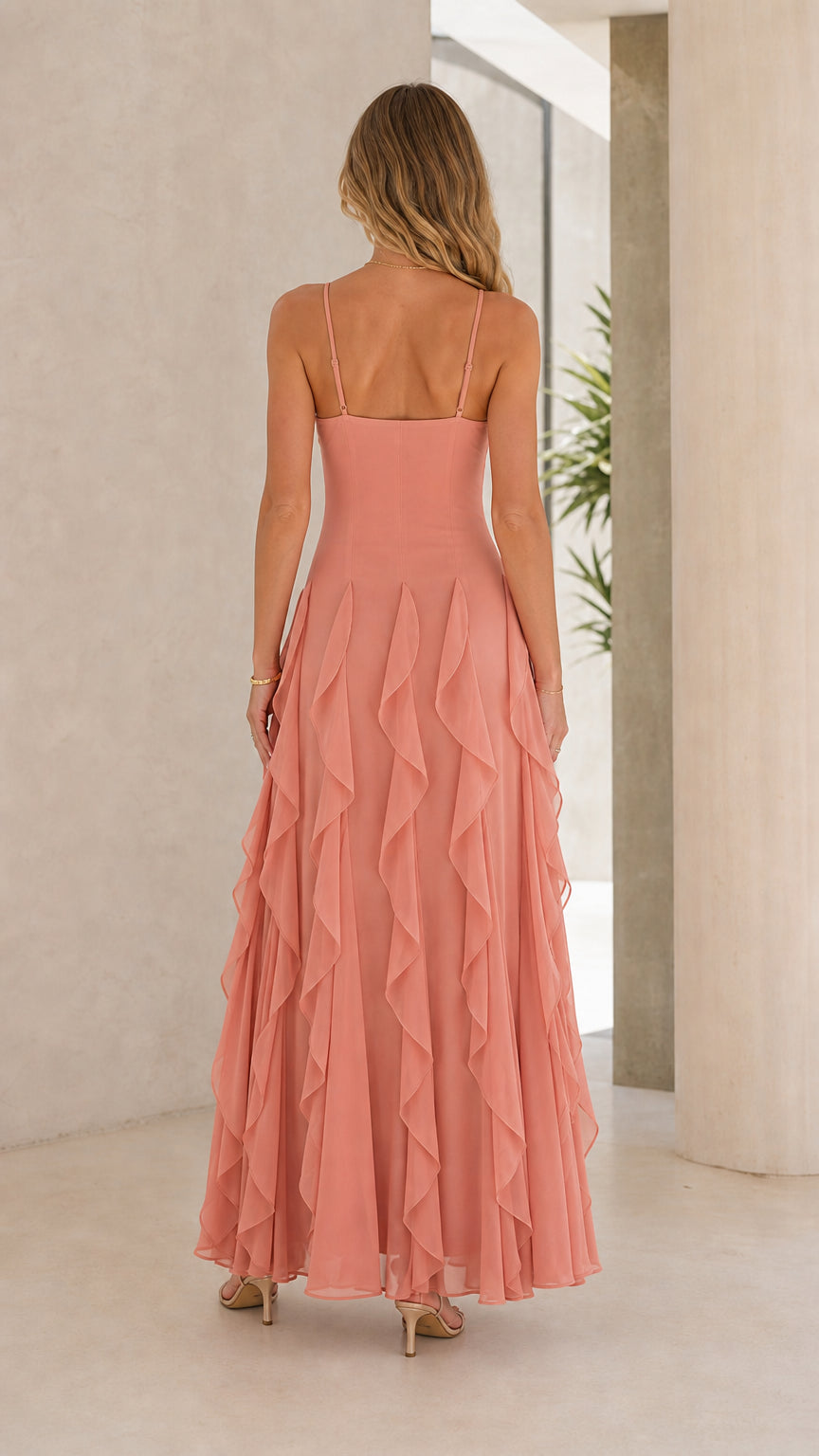 Model wearing Dusty Rose maxi dress back view