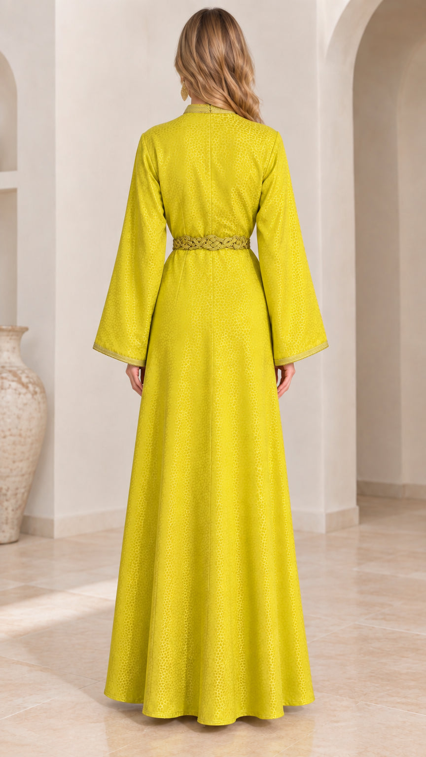 Back full view of Lime Green floor-length kaftan gown with braided waist tie