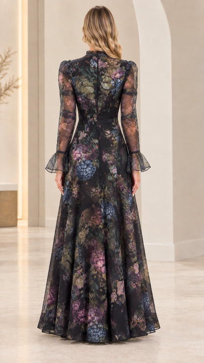 Back view of black floral print sheer long sleeve maxi dress