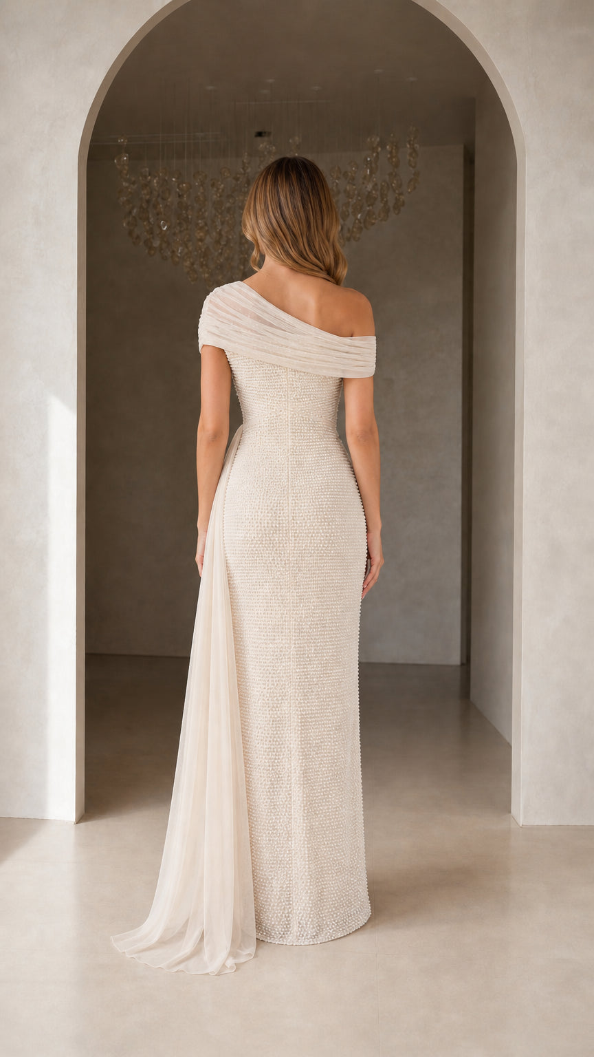 Back view of Champagne off-shoulder evening gown