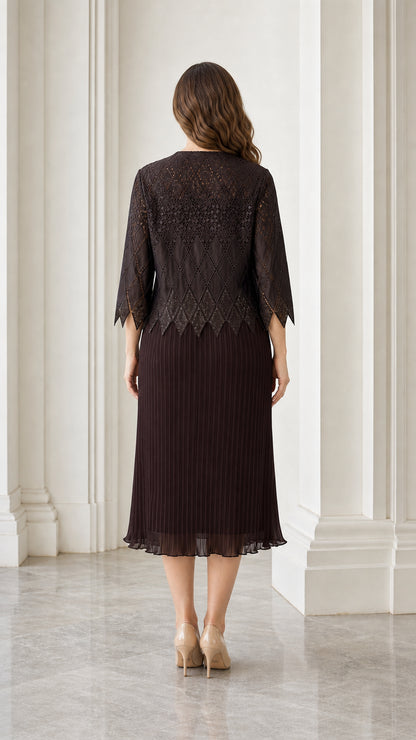 Back view of dark brown pleated midi dress and jacket set