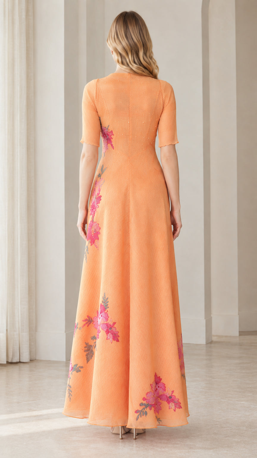 Back view of apricot orange A-line maxi dress with high back neckline
