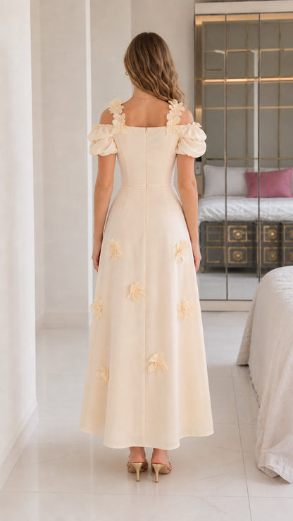 Back view of cream floral applique midi dress