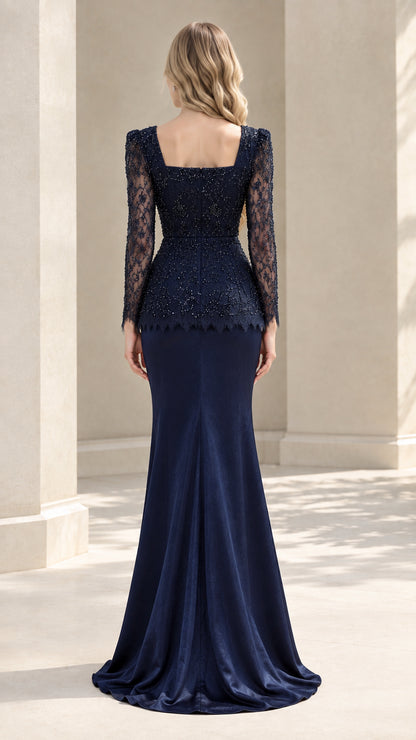 Back view of Navy Blue square back beaded lace evening gown with flowing trumpet skirt
