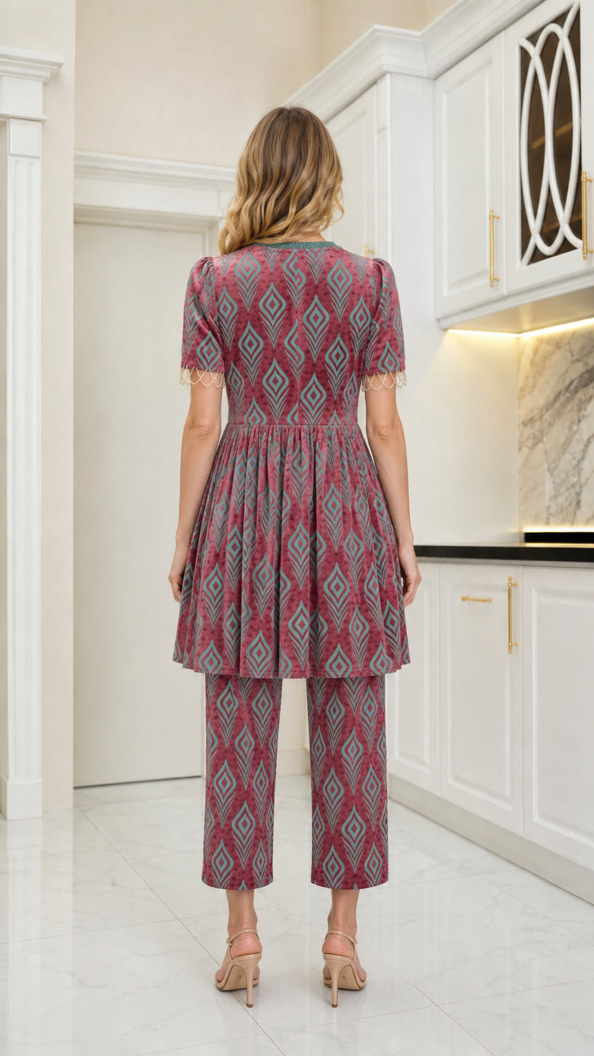 Back view of model wearing Dusty Rose geometric pattern 2-piece set