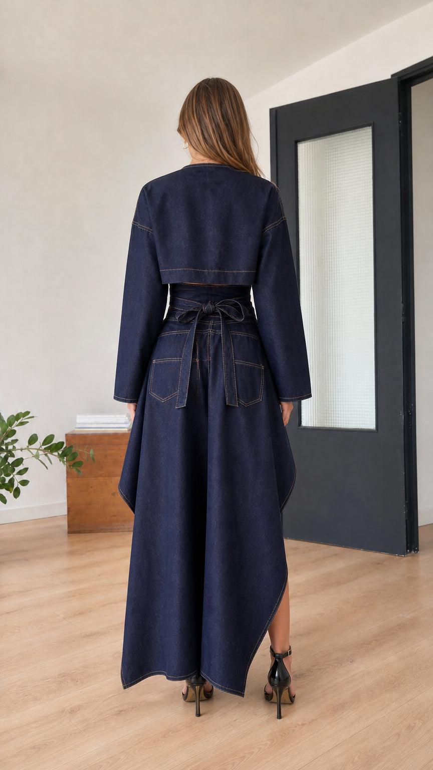 Model wearing indigo blue set, back view with tied waist detail