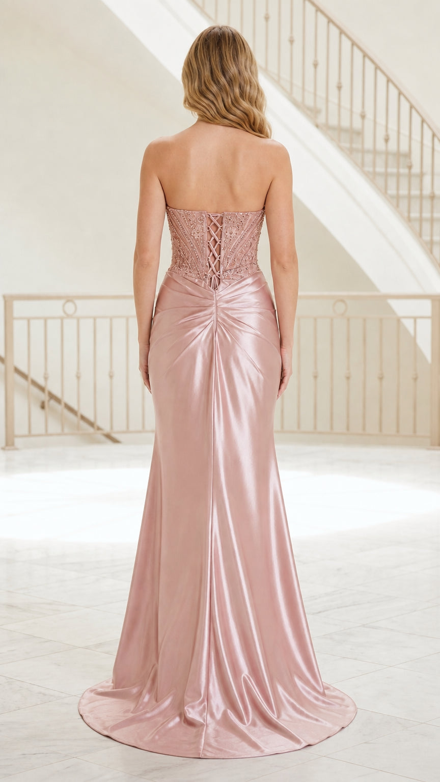 Back view showing lace-up details of the Dusty Rose gown