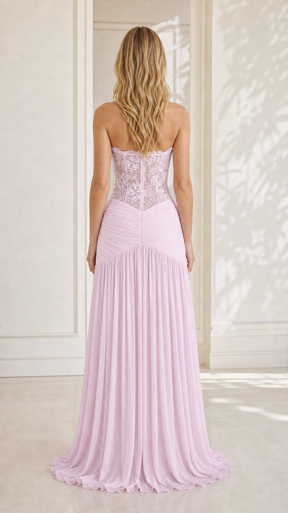 Model wearing lavender strapless lace evening dress, back view