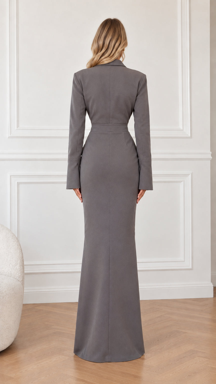 Back view of model showing tailored fit of charcoal grey long sleeve maxi dress