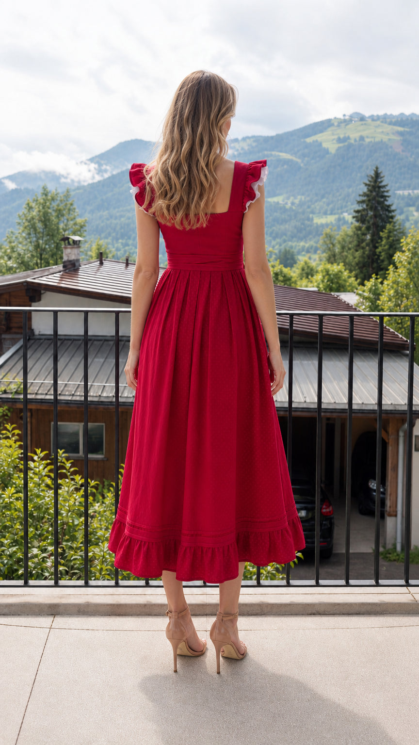 Back view of woman wearing red midi dress