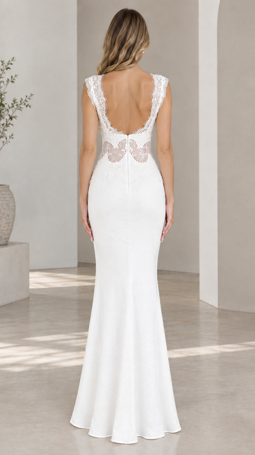 White open back sleeveless evening gown rear view