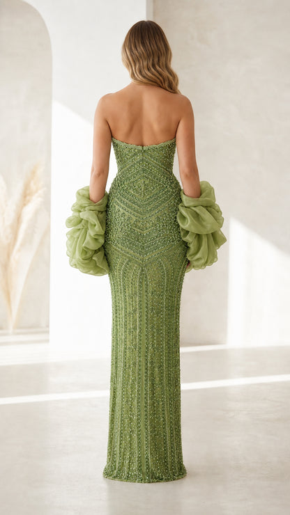 Back view of sage green formal gown