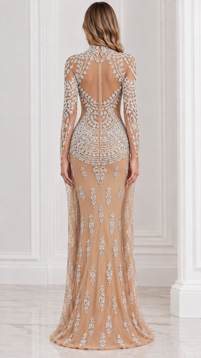 Back view of champagne illusion cutout beaded evening dress