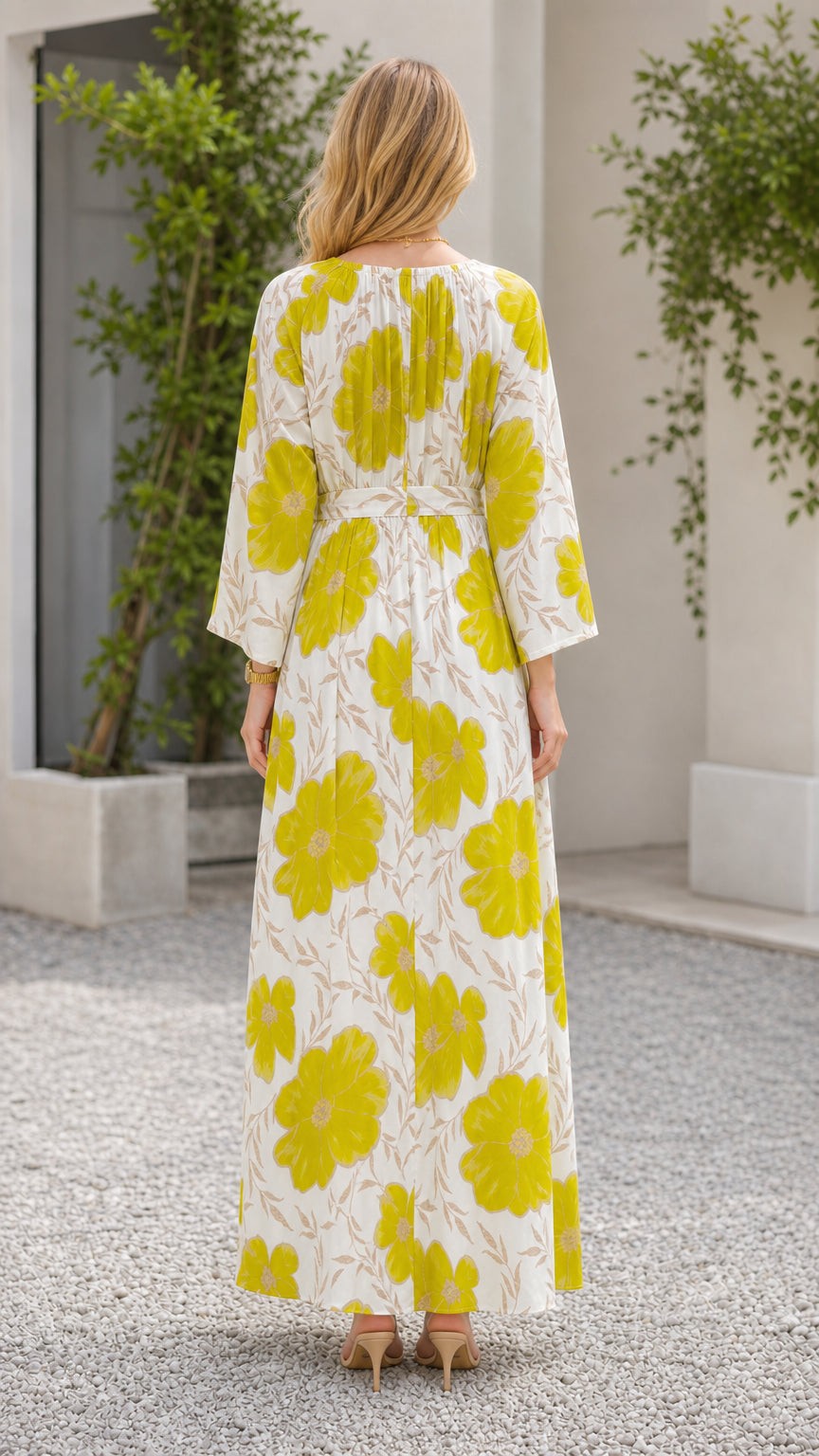 Back view of off-white long sleeve floral maxi dress