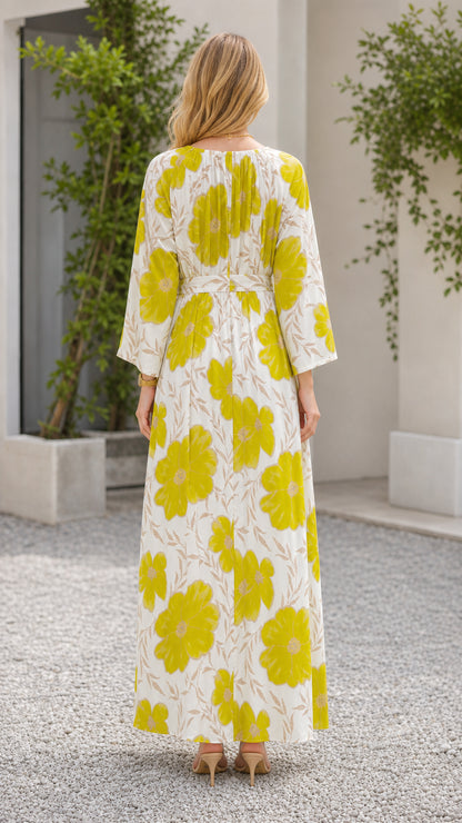 Back view of off-white long sleeve floral maxi dress