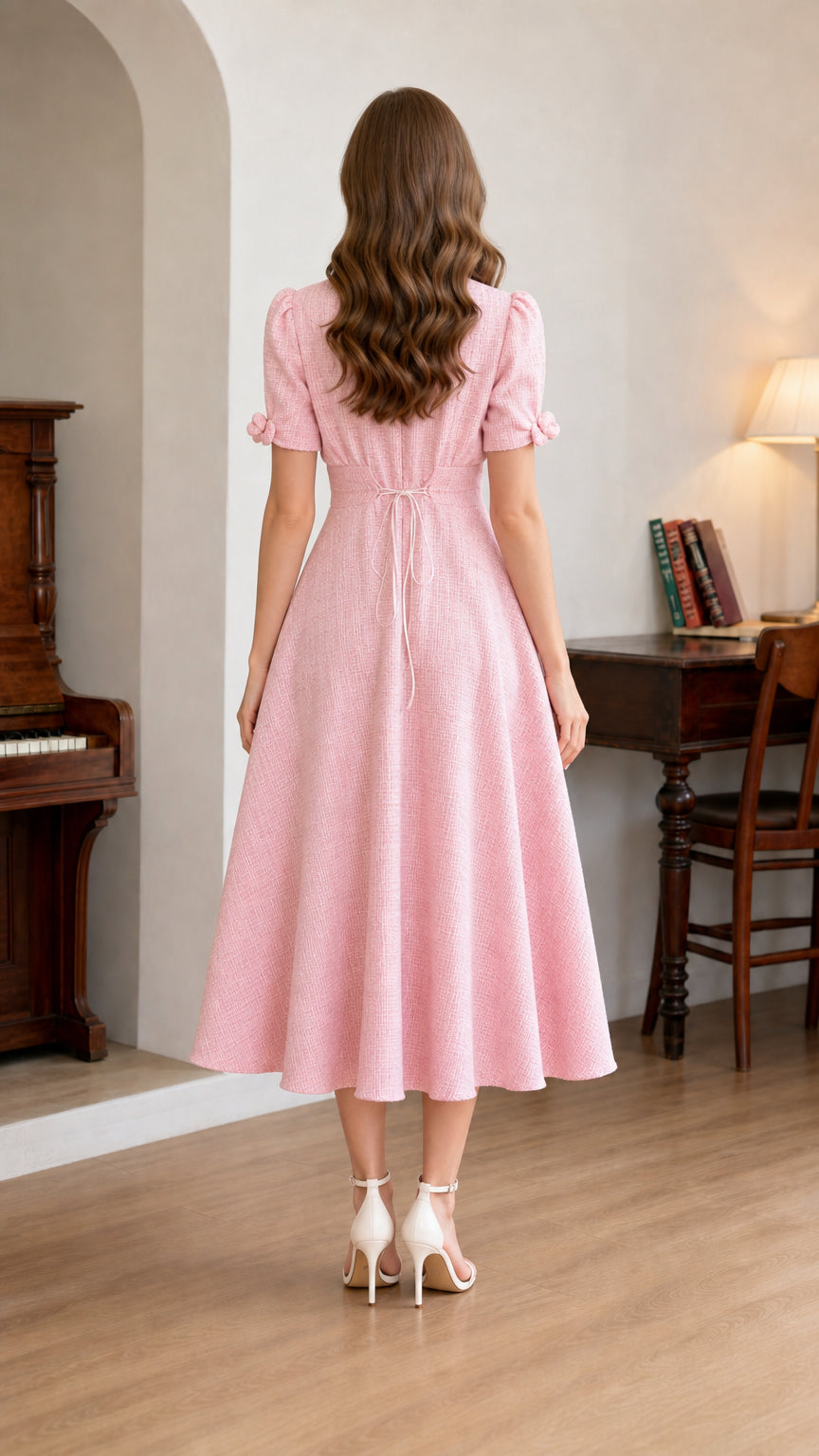 Back view of woman wearing light pink midi dress showcasing back waist tie detail