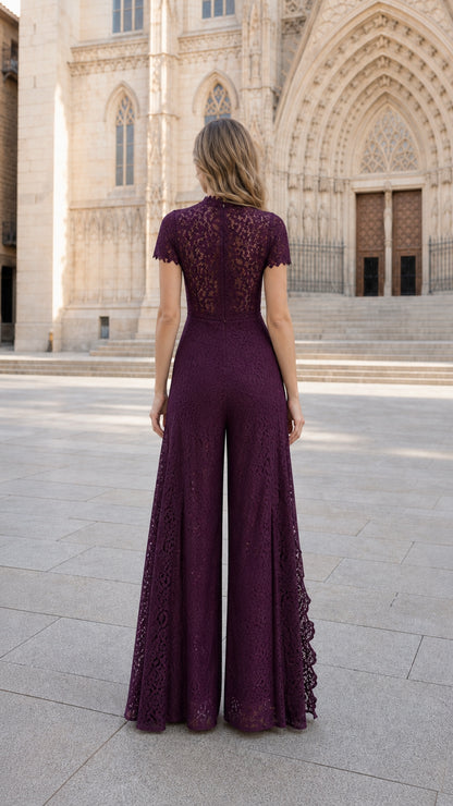 Back view of woman wearing Plum floral lace wide-leg jumpsuit