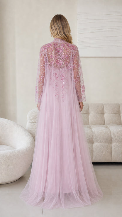 Back view of pink evening dress set showing sheer tulle train