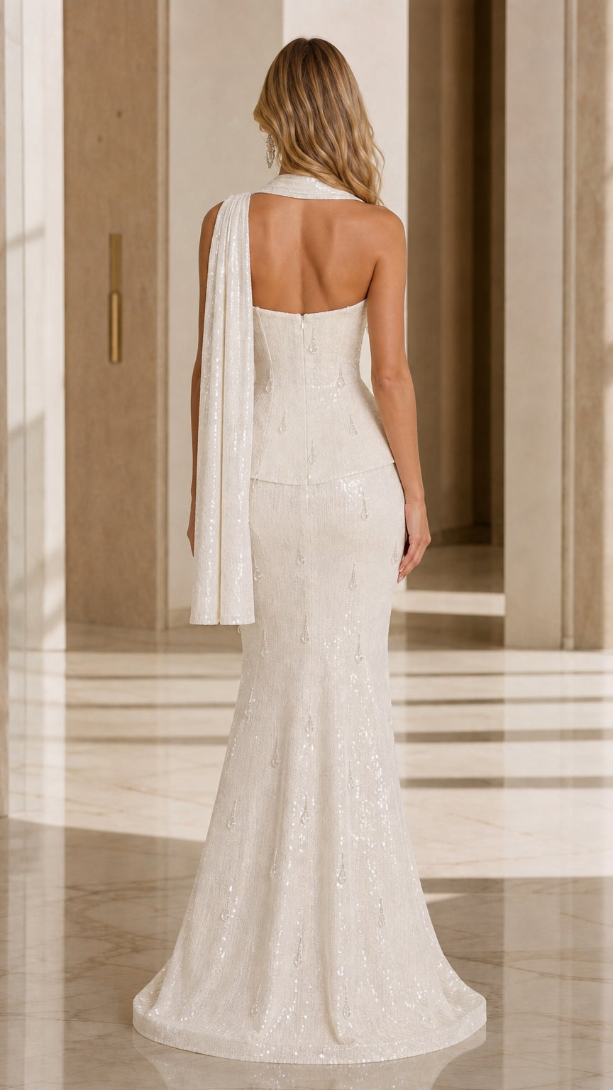 Ivory strapless mermaid evening dress back view with trailing scarf drape