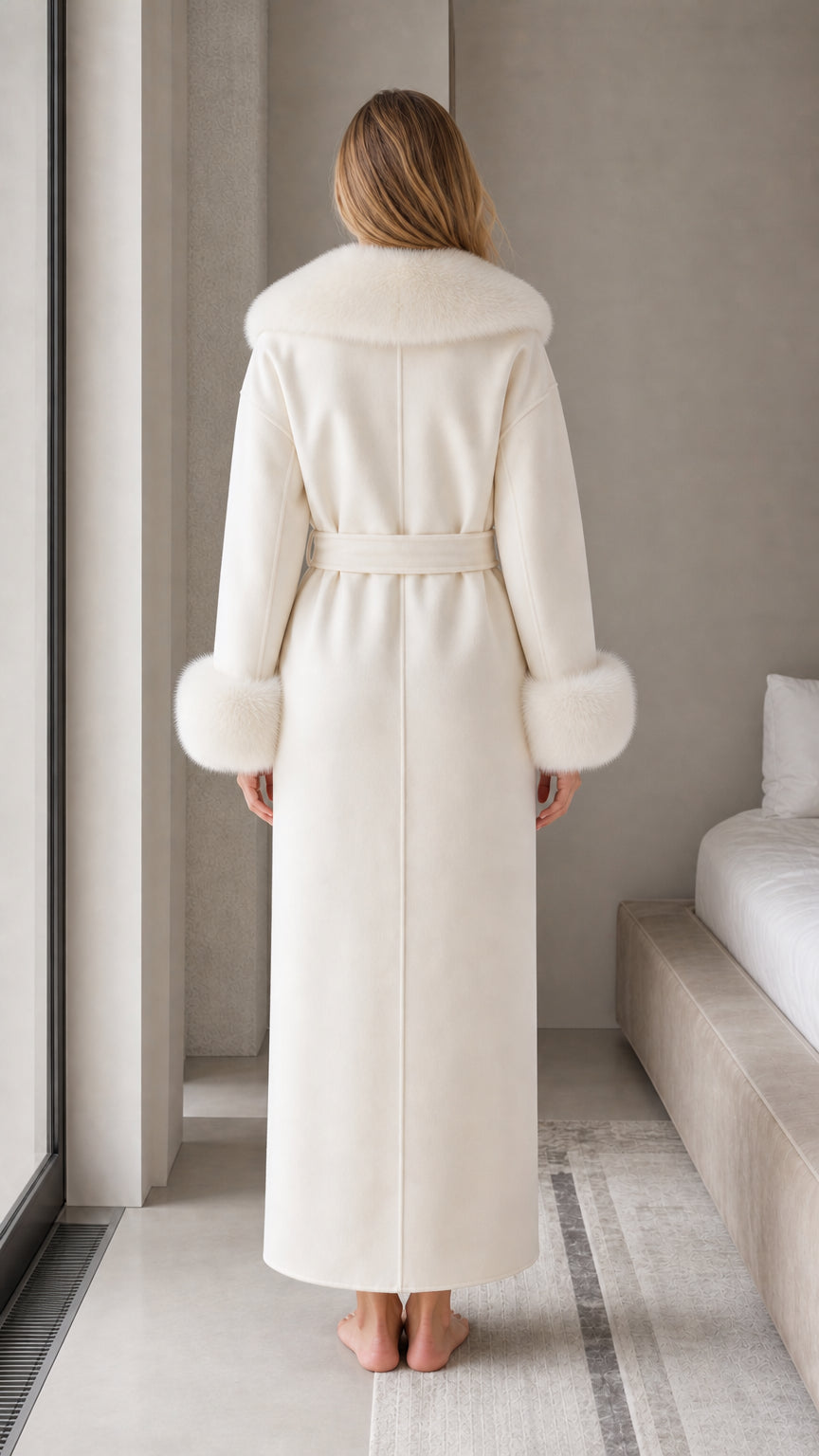 Back view of woman wearing ivory longline wrap robe with fur shawl collar