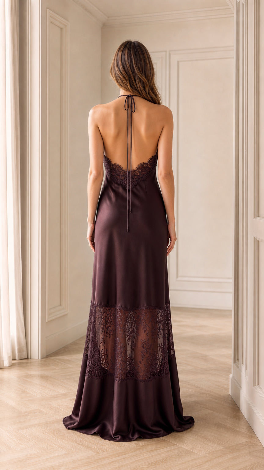 Plum satin open back halter dress back view
