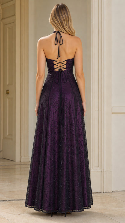 Back view of deep purple gown showing open back with adjustable lace-up corset ties