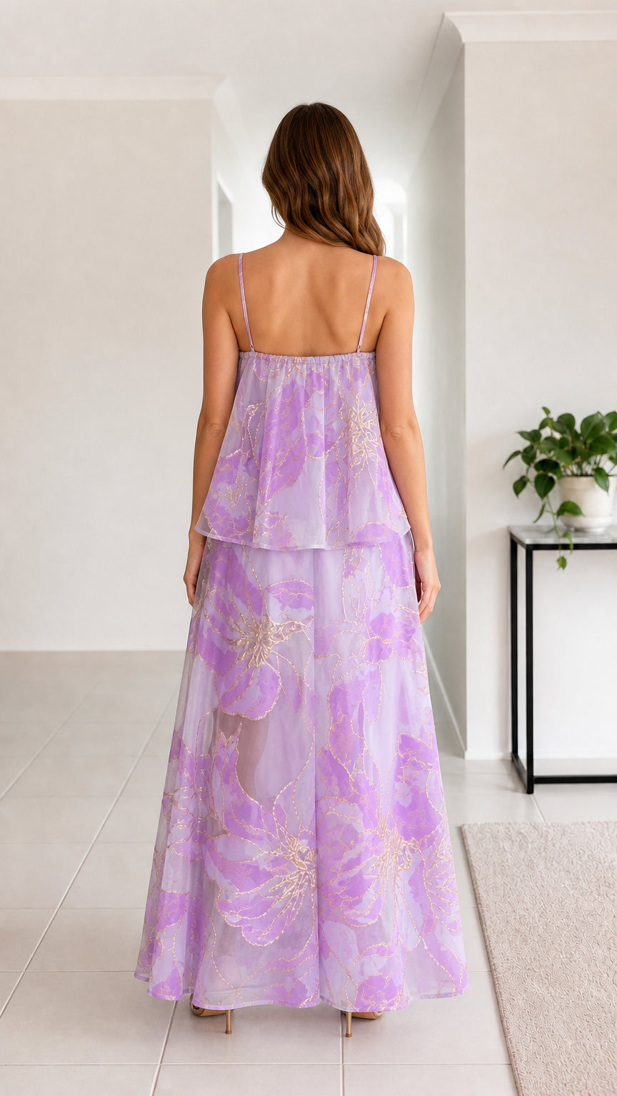 Back view of lavender metallic floral strappy maxi dress