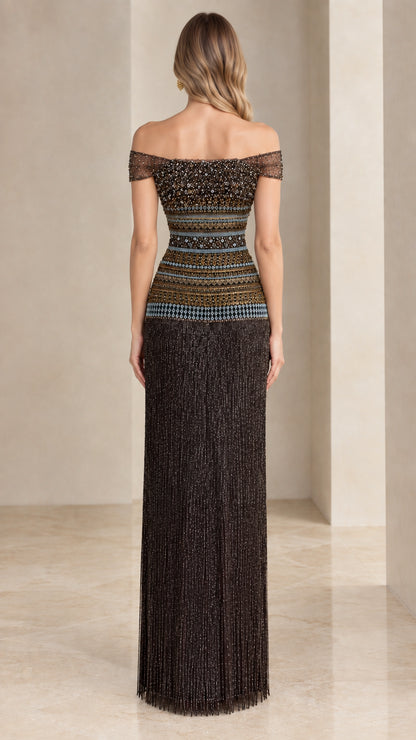 Back view of dark bronze off-the-shoulder beaded formal maxi dress