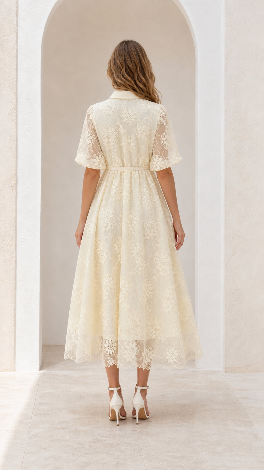 Back view of cream A-line lace midi shirt dress