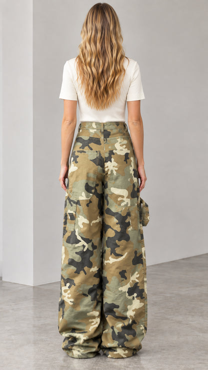 Back view of woman wearing relaxed fit army green camo wide-leg cargo pants