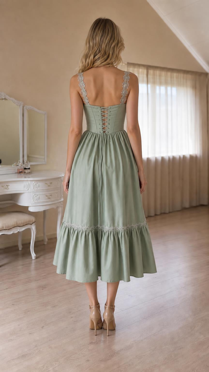 Back view of Sage Green dress showing lace-up corset detail