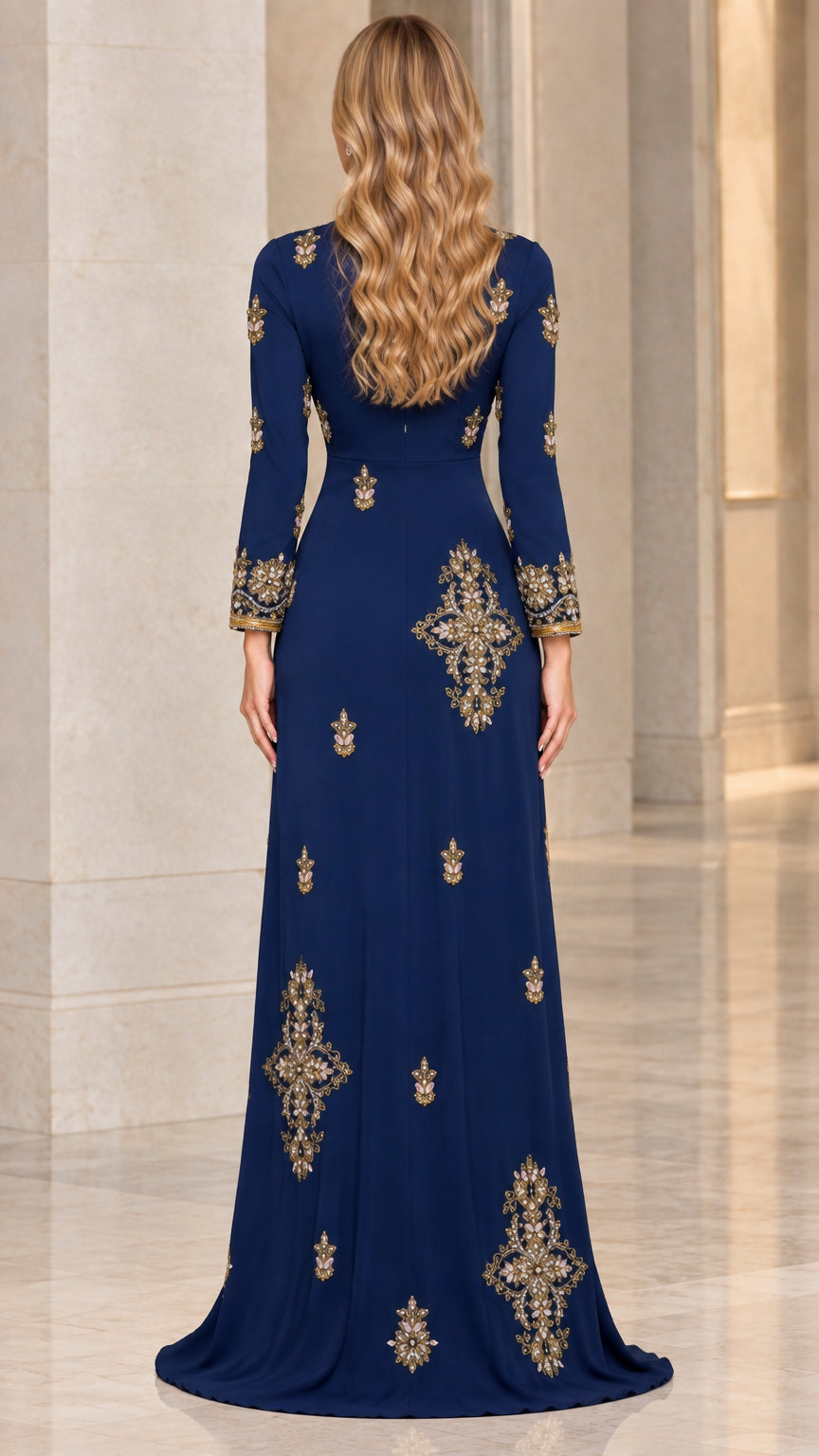Navy Blue formal kaftan dress back view with gold embroidery details
