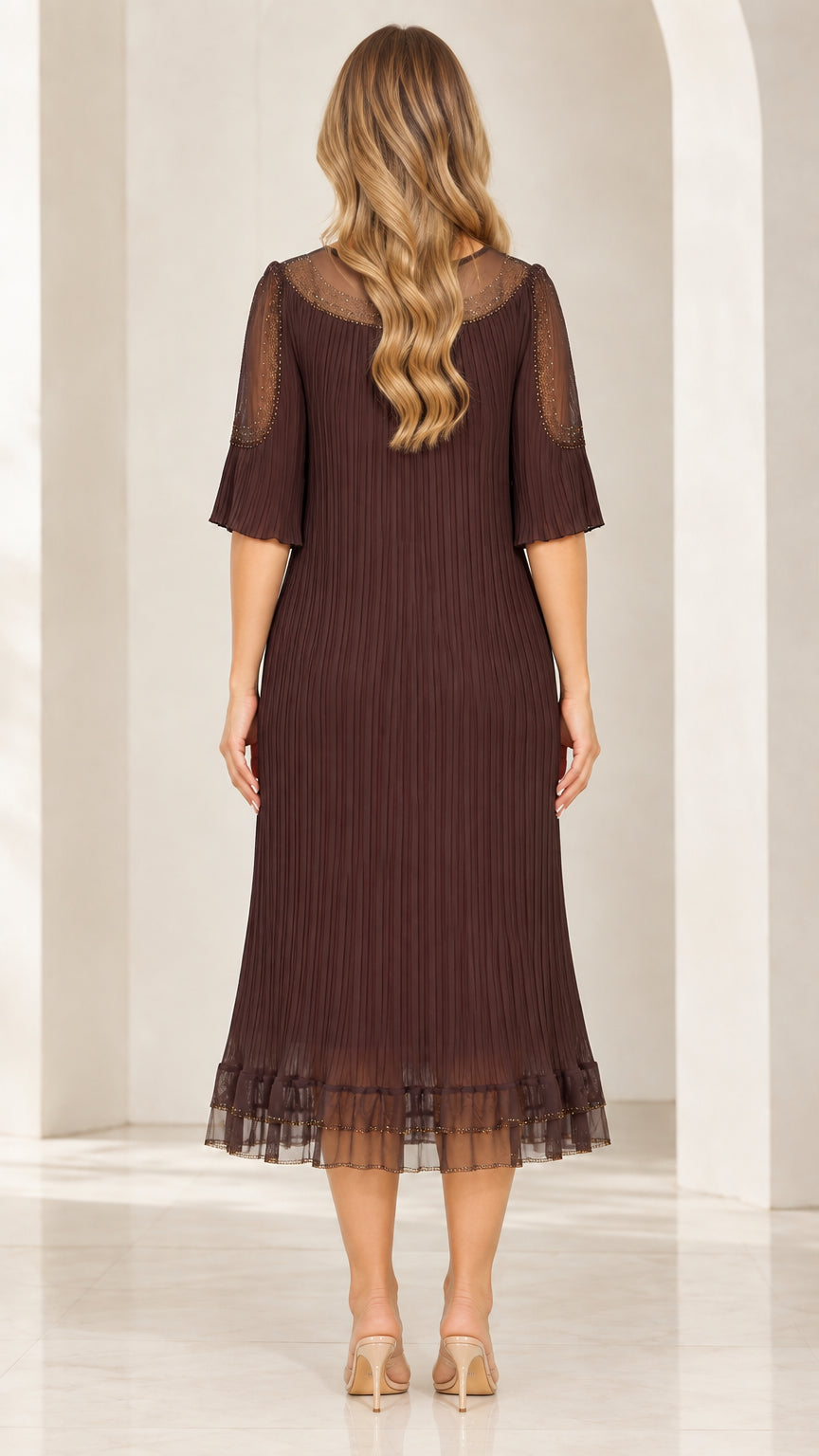 Back view of woman wearing Coffee Brown sheer mesh pleated midi dress