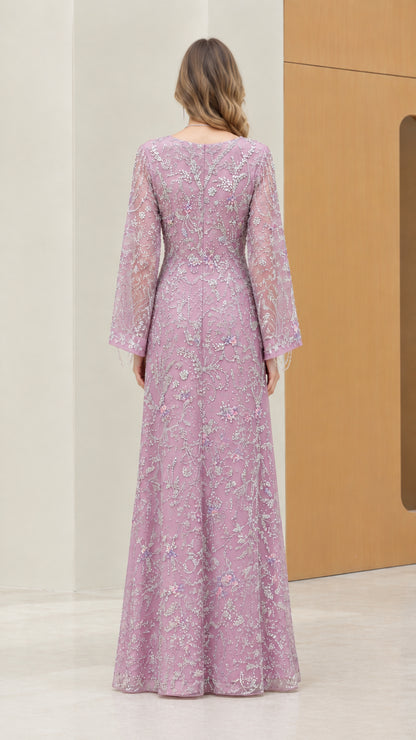 Back view of model in Lilac embroidered sequin maxi dress showcasing seamless A-line fit