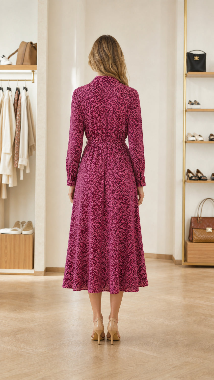 Back view of woman wearing magenta geometric print long sleeve midi dress