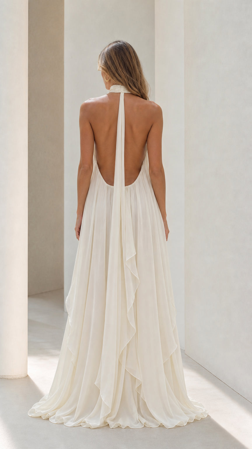 Ivory halter maxi dress back view displaying low open back and neck ties