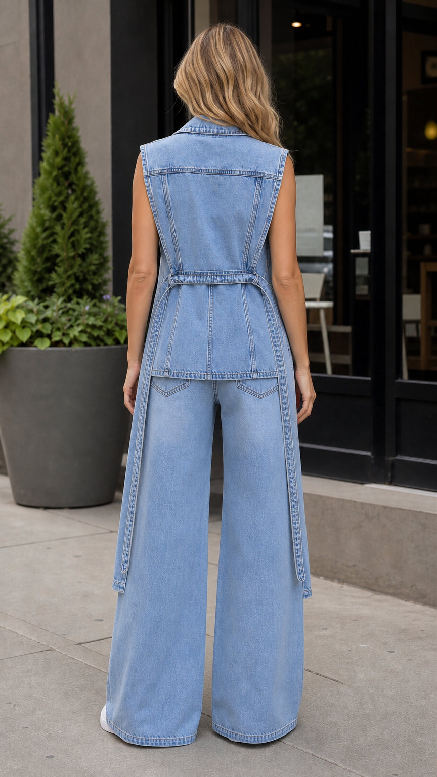 Back view showcasing back detailing of light blue denim vest and trousers